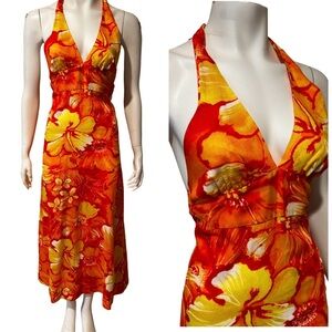 Vintage 70s Pomare Hawaiian Halter Maxi Dress 🌺 Tropical Floral Orange SMALL